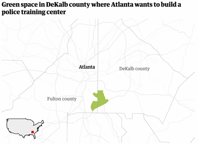 Map of Atlanta and the surrounding areas showing the large plot of land where Cop City will be built to the south of Atlanta, straddling Fulton and DeKalb counties. The caption is "Green space in DeKalb county where Atlanta wants to build a police training center"