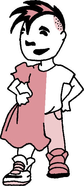 A cartoon of a person who is wearing half a dress and half shirt and pants and looking happy about it. They have a mohawk haircut.