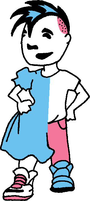 A cartoon of a person who is wearing half a dress and half shirt and pants, both pink and blue, and looking happy about it. They have a mohawk haircut.