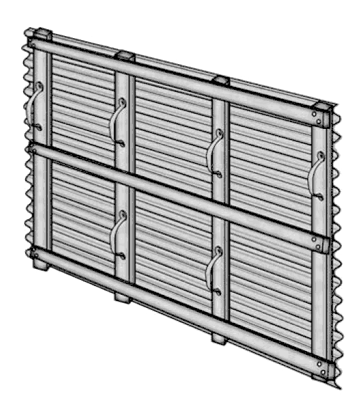 Flat rectangle of corrugated metal reinforced with bars with handles on them.