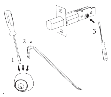 Illustration of how to remove a deadbolt with a screwdriver and crowbar.