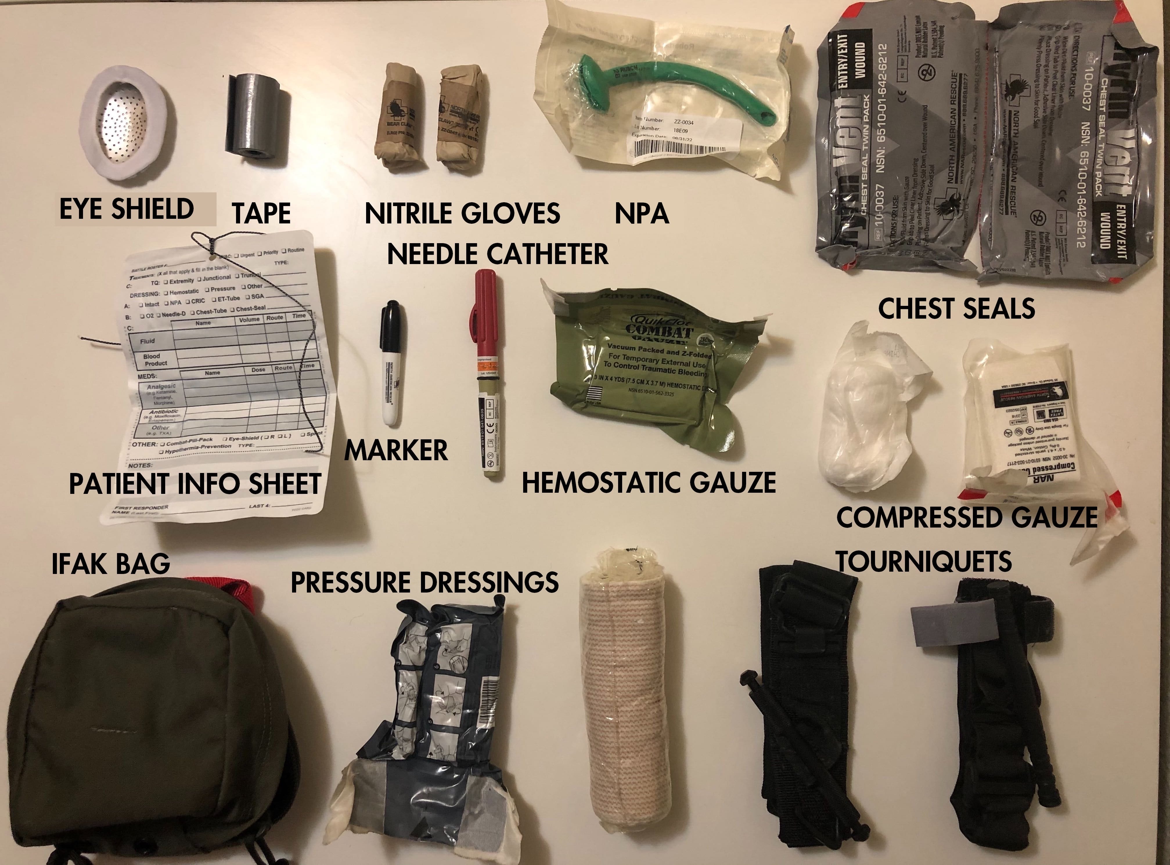 Visual illustration of needed components: eye shield, tape, nitrile gloves, NPA, chest seals, patient info sheet, marker, needle catheter, hemostatic gauze, compressed gauze, IFAK bag, pressure dressings, tourniquets