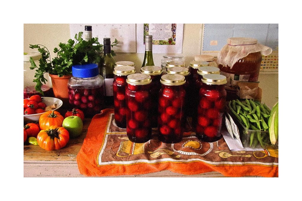 Produce, herbs, and wine on a table. Much of the produce has been canned at home and there is at least one fermentation going.