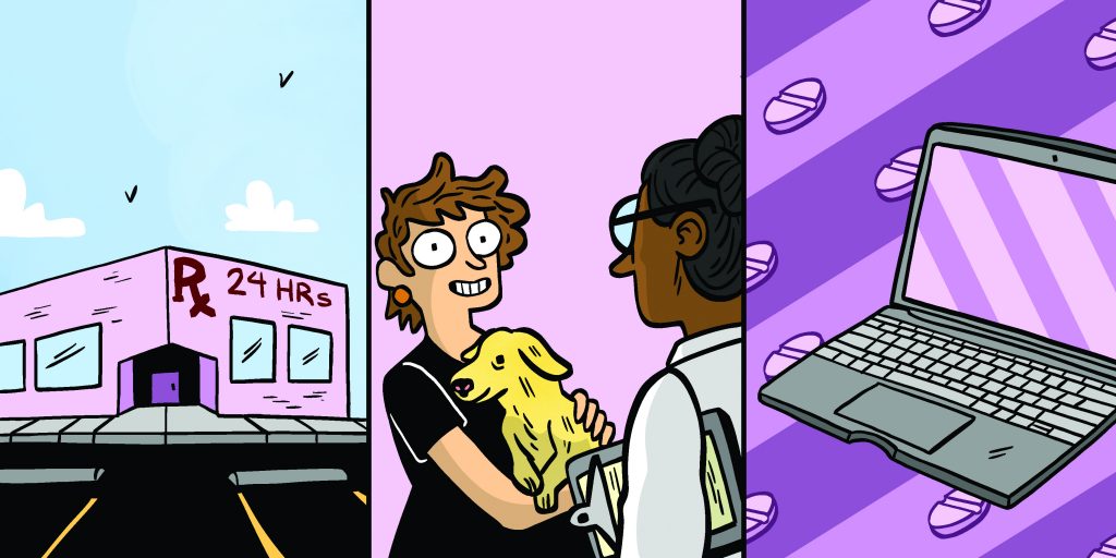 Three panels: 24-hour pharmacy exterior / person holding dog smiling at healthcare professional holding clipboard / laptop with pills flying in the background