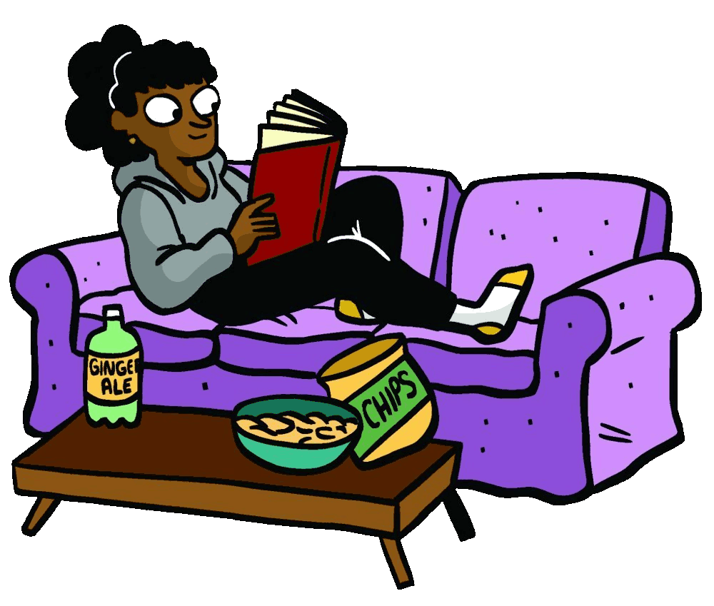Woman sitting on a couch reading a book. There's a coffee table in front of the couch with a 2-liter of ginger ale and a bag of chips on it.