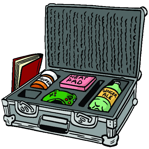 Open hardcase box with foam cutouts containing ibuprofen, heat pad, game controller, bottle of ginger ale. A book is leaning against it.