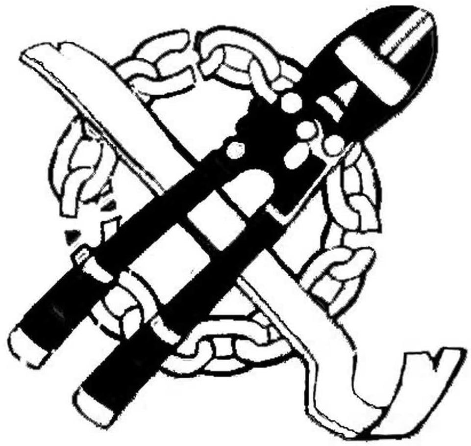 Bolt cutters crossed by a crowbar and encircled by a cut chain, forming a circle-A