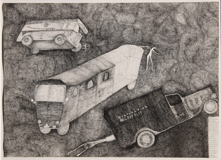 Smudgy ink lines form the background Three vehicles are the main figures of the image. They look like long busses or transportation vehicles. One has the words "Corporation Necropolis" written on the side and is dragging an alien-like figure behind it. All three are floating in an ether, and not stationed on the ground. 