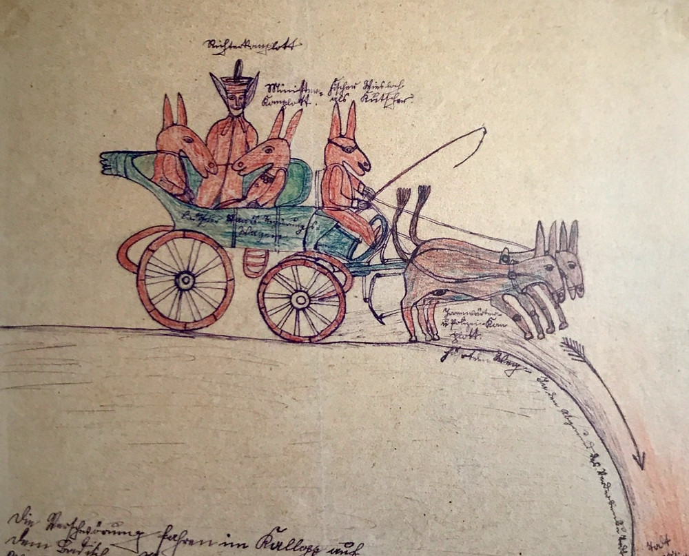 Four humanoid figures with animal heads (donkeys or maybe rabbits) ride a horse-drawn carriage over a cliff. There are words (transcribed in the caption) surrounding them.