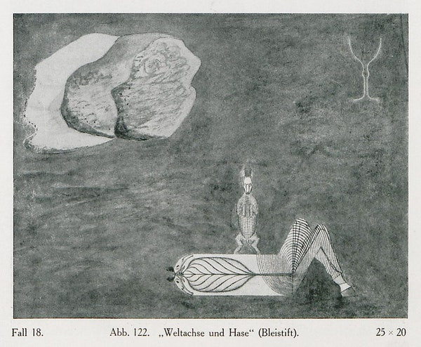 A crayon-drawn rabbit stands atop a humanoid-animal figure on its back and looks at the viewer. Behind it and to the right are a pair of deer antlers. To the left is a large stone uncovering the single white space on the blurred, gray background