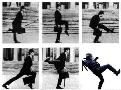 A series of six still frames. The first five are from the Ministry of Silly Walks sketch from Monty Python. The last is a photo of a riot cop with his legs at a similarly improbable angle about to fall on his ass.