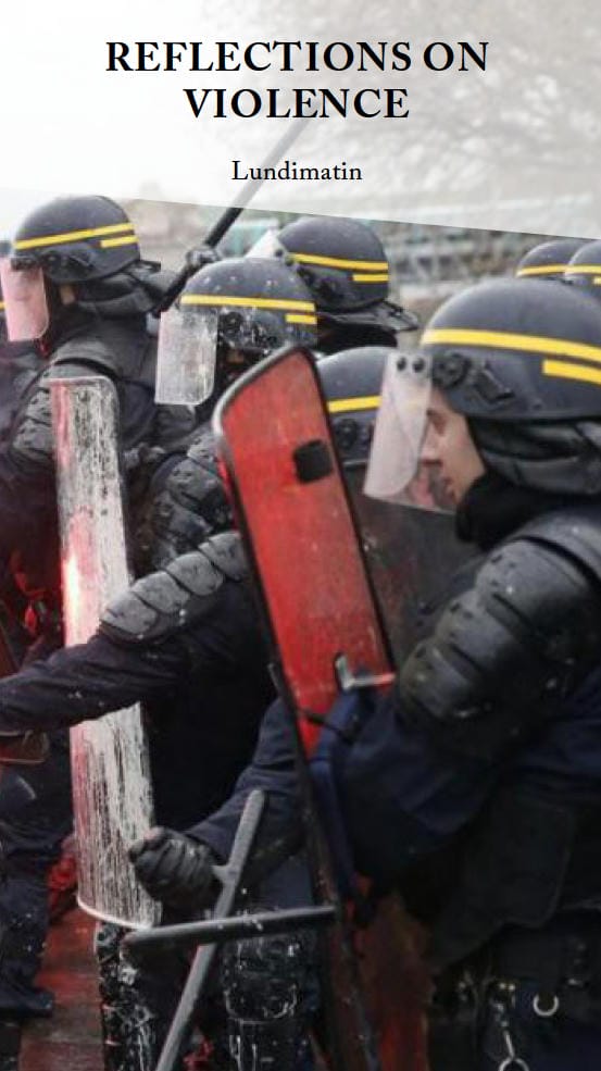 A bunch of riot cops in black helmets with yellow stripes holding shields. A reflection of a red flare, presumably the one from the previous photo, is visible in one of the shields.